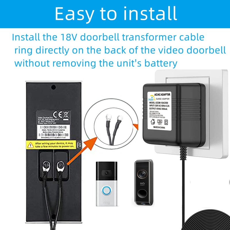 XZGm محول جرس الباب 18V500MA محول جرس الباب بالفيديو لـ Ring و Nest و Arlo و Eufy و Wyze جرس الباب بالفيديو اللاسلكي (315 في الكابل) - Image 3